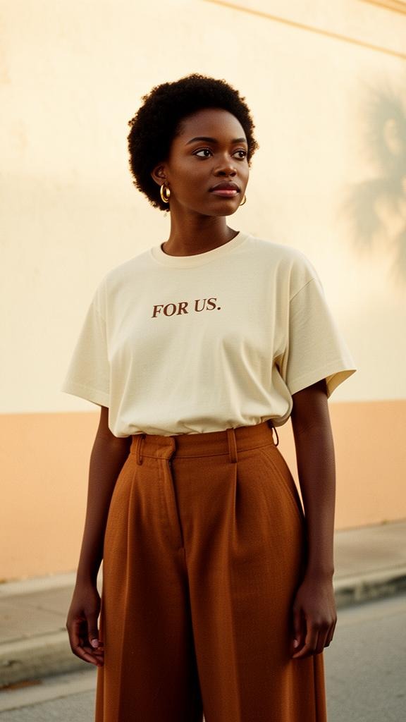 A young Black woman on a St. Petersburg street in warm afternoon light, wearing a cream tee printed with For Us.
