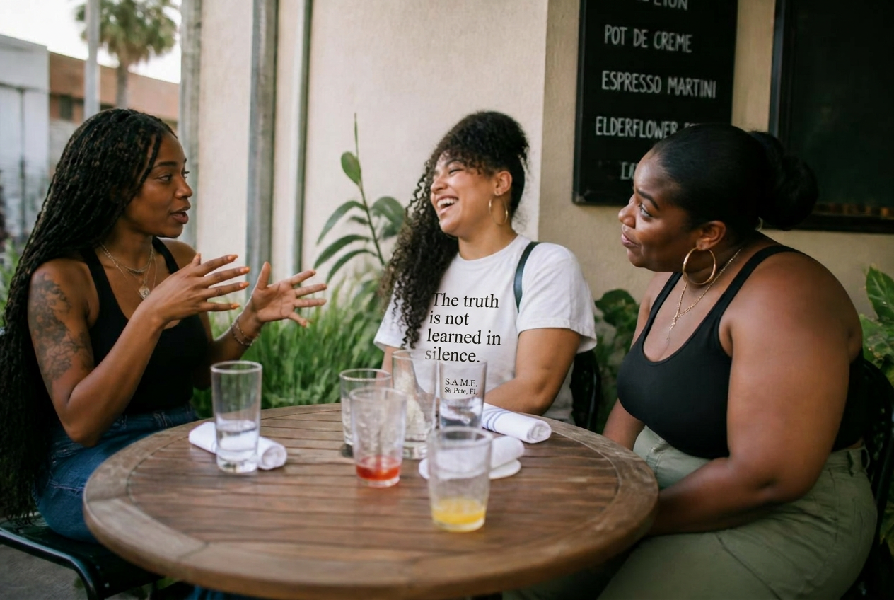 Three women in mid-conversation at a shaded café table in St. Petersburg.