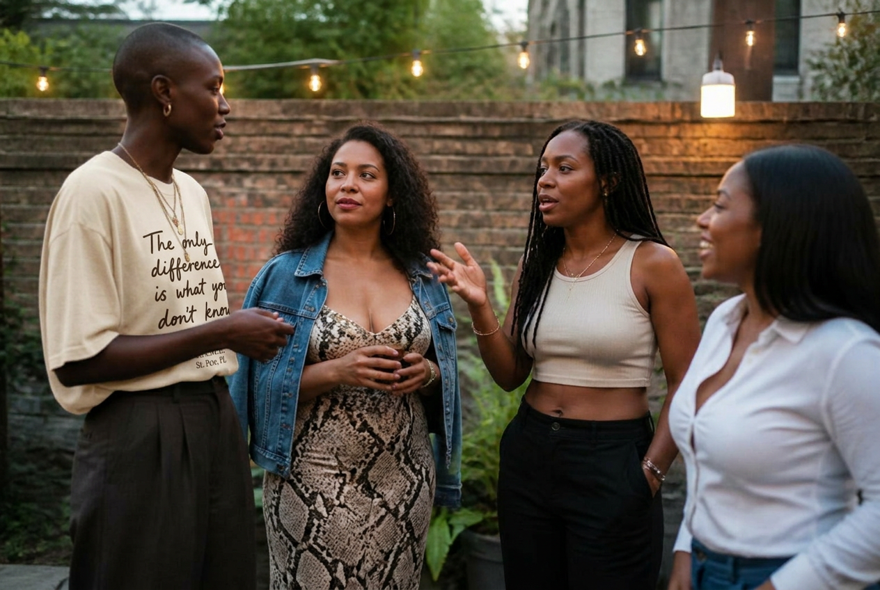 Four women in an outdoor evening gathering under string lights in St. Petersburg — three in animated conversation, gestures and expressions visible.